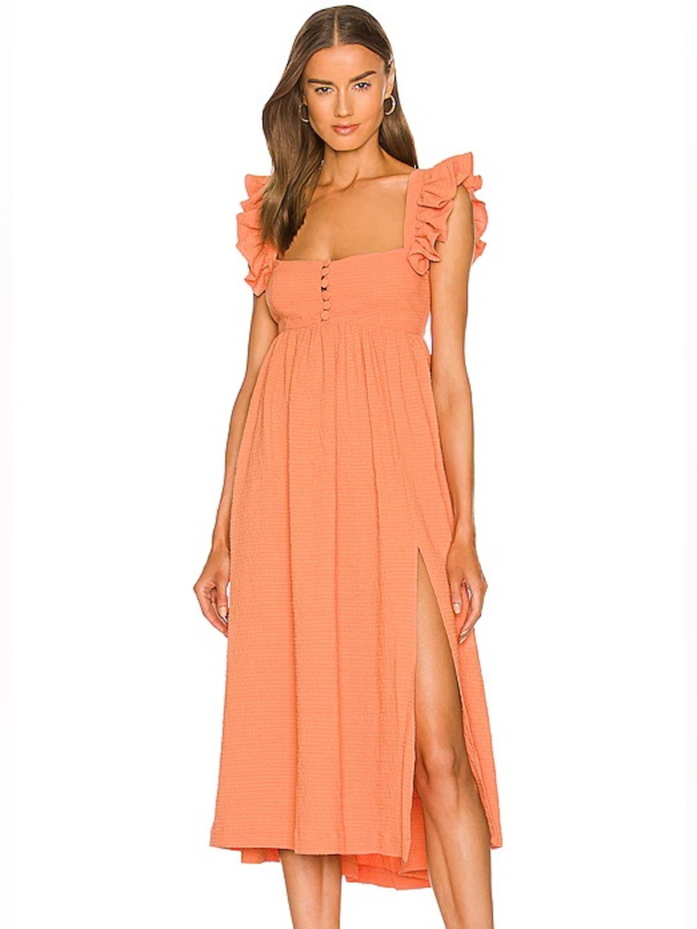 LPA Auburn Coral Ruffle Strap Midi Dress